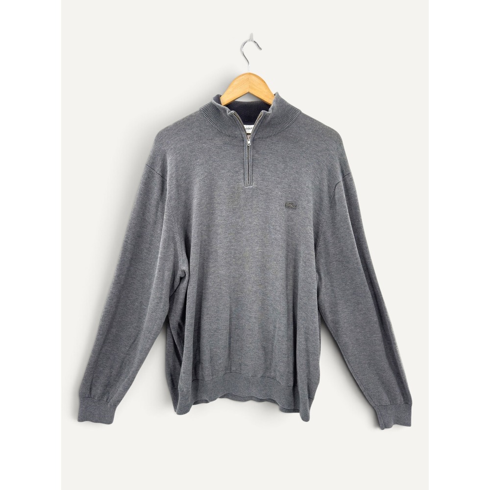Lacoste Gray Cotton Blend Quarter Zip Sweater Pullover XXL Elbow Patches Preppy